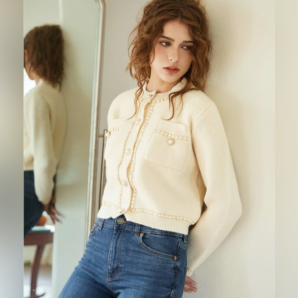 Knit Mix Contrast Stitch Pearls Beaded Crop Cardigan